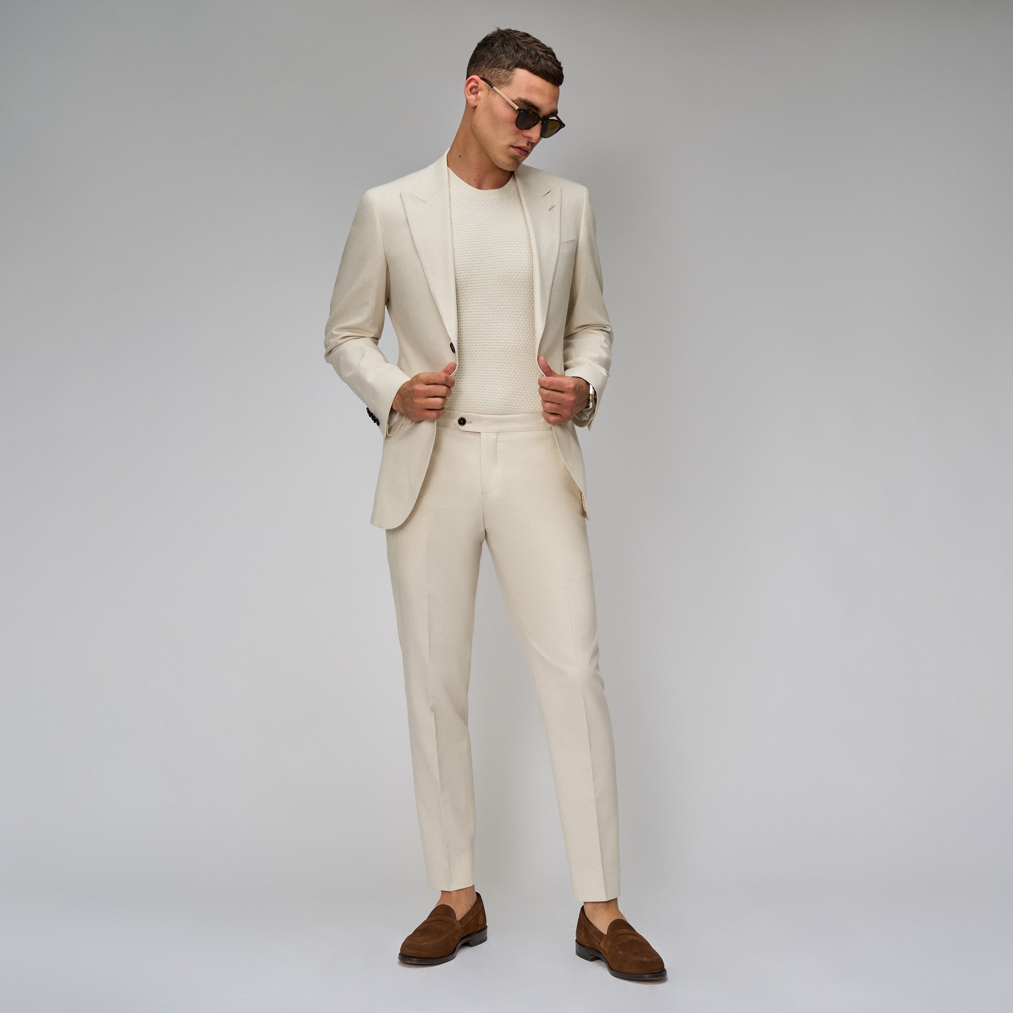 Beige Linen Suit with White Shirt